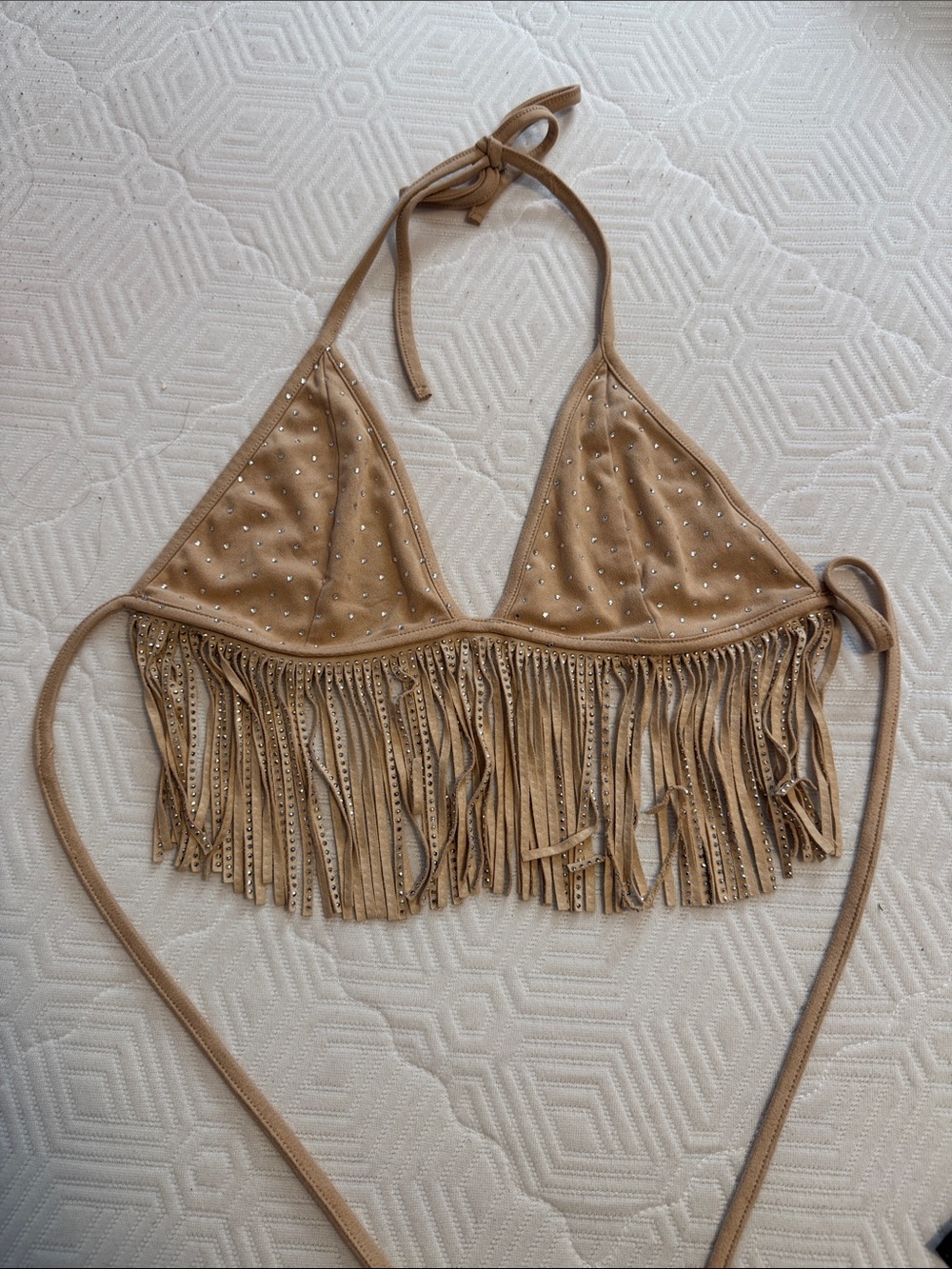 Windsor Tan Fringe Studded Suede-Look Crop Top